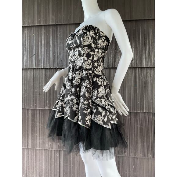🔥Y2K Romantic Rose Print Sequin Tulle Strapless Goth Fairy Peplum Party Dress - Picture 4 of 16
